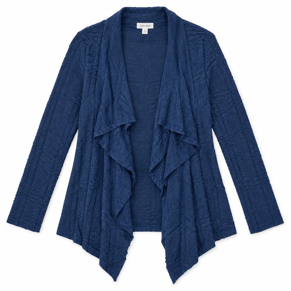 Calvin Klein Navy Blue Silk Blend Open Front Waterfall Cardigan Large NWT Career